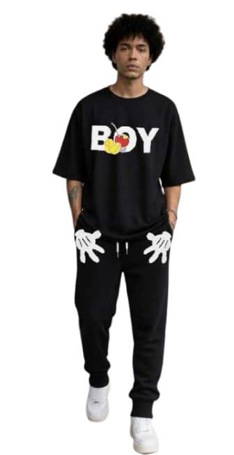 Tracksuit for Boys and Men, Black Graphic Print T-Shirt and Joggers Set with Cartoon Design-image-45