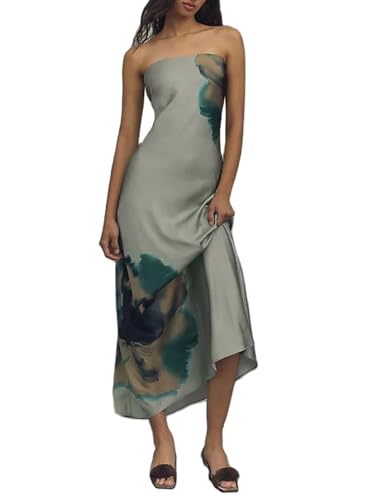 Image of Zwirelz Women Strapless Maxi Dress Boho Floral Print Flowy Long Tube Dress Off Shoulder Loose Beach Sundress (US, Alpha, X-Large, Regular, Regular, Silver Green)