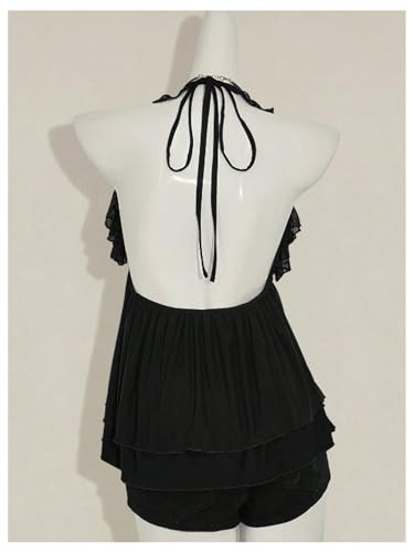 Women's Mesh Ruffle Layered Halter Tops Backless Tie Front V Neck Tank Top Going Out Sleeveless Top2