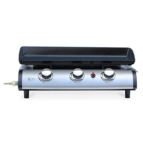 sweeek - Plancha de gas 3 fuegos - Porthos 3 fuegos - 7,5 kW, barbacoa, cocina exterior, gran placa esmaltada, acero inoxidable