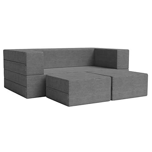 Image of 5x6 Ft C-Type Sofa Cum Bed | Jute Fabric with Washable Cover | Two Seater with 2 Pouffe for Living Room & Office | - Grey Color
