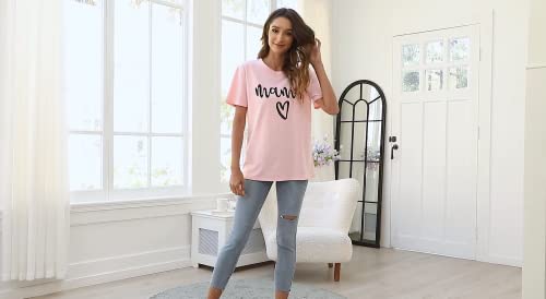 Kiddad Mama Tshirt Womens Mama Heart Graphic Shirts Mom Letter Printed T-Shirt Funny Short Sleeve Tops Blouse Pink #TOP2