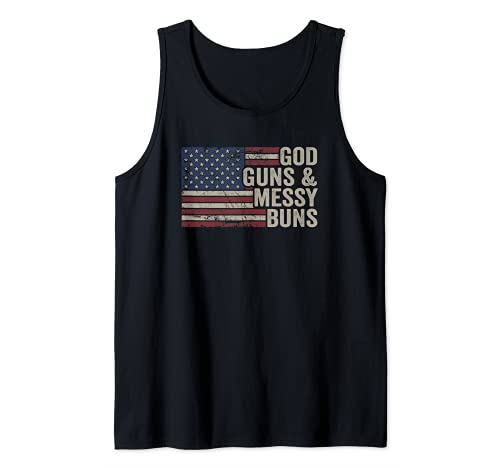 GOD GUNS & MESSY BUNS – Pro Gun Vintage Bandera Americana Camiseta sin Mangas