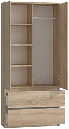 WHATSIZE ENTERPRISE  Sonoma Modern Two Drawer Storage Wardrobe  Contemporary Double Door Wardrobe with Shelving, Hanging Space and Drawers, Light Oak Sonoma