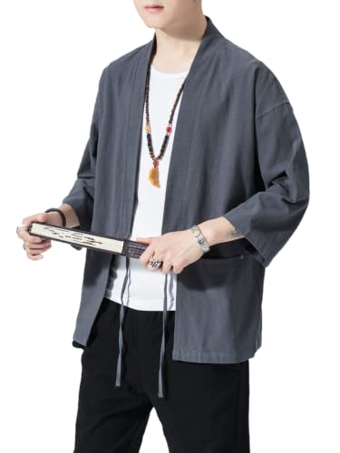 Image of Men's Japanese Kimono Cardigan Loose Cotton Linen 3 /4 Sleeve Open Front Casual Summer Shirt Jackets