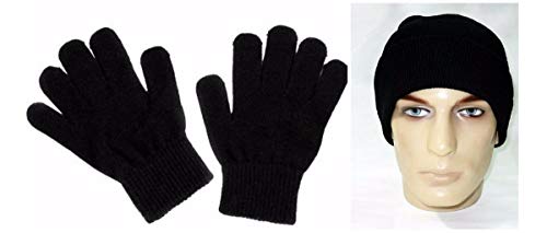 Touca Gorro e Par de Luvas de lã de Frio Unisex - Kit 2 unidades (Preto)