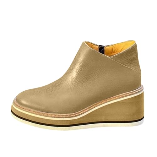 Women's Ankle Boots Round Toe Platform Chelsea Boots PU Leather Side Zipper Short Booties Lightweight Comfortable Slip On Flat Shoes Fashion High Top Loafers Khaki