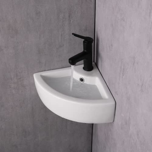Pakroman Wall Mount Vessel Sink Small Bathroom Sink Corner Sink Triangle Bathroom Vessel Sink 18"X13" White Porcelain Ceramic Mini Vessel Vanity Sink With Overflow Pop-Up Drain, Soap Dish #TOP2