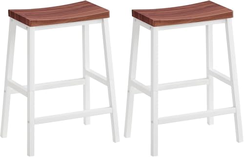 Image of STUDIO AXIS Wooden Bar Stool Set of 2 for Kitchen Counter | Wooden Seat with White Frame High Stool | Counter Height Bar Chairs for Kitchen Island, Home Bar & Cafe
