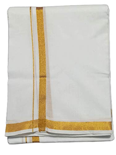 Image of SMT Traditional Men's Cotton Double Dhoti with Gold Border (White, Free Size )