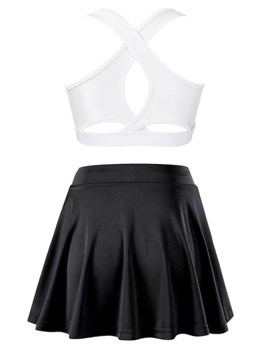 Kids Girls Plain Crop Top & Skater Skirt Set Tennis Golf Outfit 2 Piece Sport Training Tacksuit Set Activewear White&Black 10 Years2