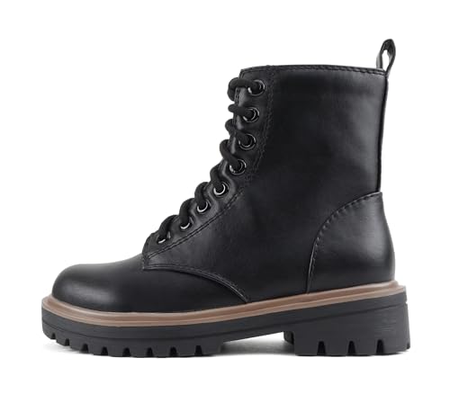 Soda FIRM - Lug Sole Combat Ankle Bootie Lace up w/Side Zipper (Black Pu/Tan Welt, 11)
