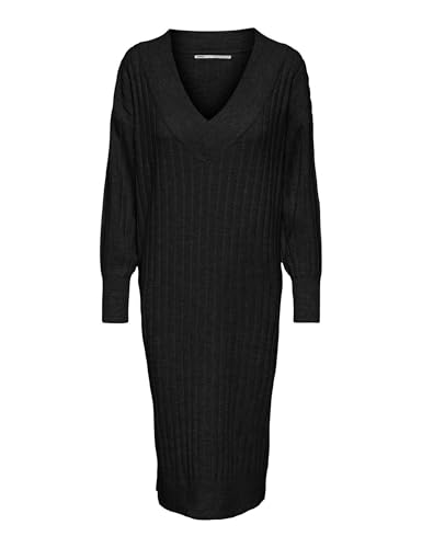 ONLY Damen Langarm Strickkleid Oversized | Loose Fit Midi Knit Dress | V-Neck Shirt Pullover Onlnew Tessa, Farben:Schwarz, Größe:L