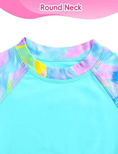 Image of Girl Swimsuits 2 Pieces Multicolor Short Sleeve Quick Dry Durable Rash Guard Set with Shorts
