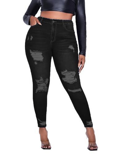 Vaimti Plus Size Women's Distressed Ripped Denim Jeans, High Waist Skinny Fit (UK, Alpha, 3XL, Plus, Regular, Black)