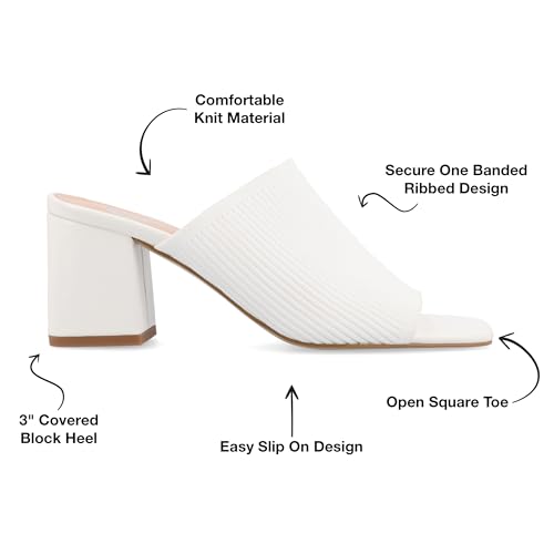 Journee Square Open Toe Chunky Block Heel Knit Slip-On Pump for Women - Lorenna Heeled Fashion Mule White, 62