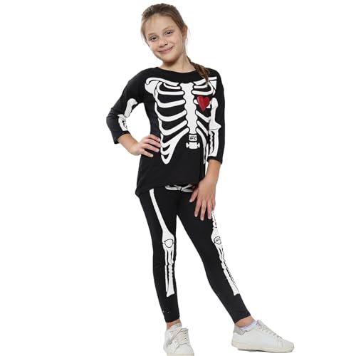 A2Z 4 Kids Girls Printed Top and Leggings Set Long Sleeve Soft Stretch Two Piece - Skeleton Set Black White 13