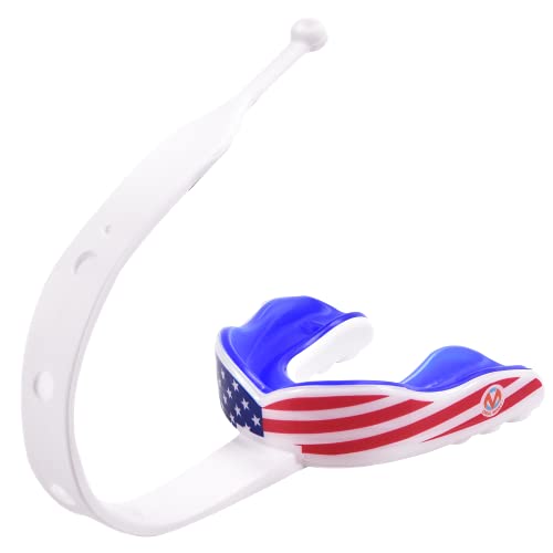 Image of Oral Mart American Flag Strapped Sports Mouth Guard (Ice Hockey, Football, Lacrosse, Taekwondo) - Mouthguard with Connected Strap for Football, Hockey, Lacrosse (with Free Case)