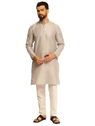 Image of SOJANYA (Since 1958 Men's Silk Blend Contrast White Thread Detailing Kurta With White Pyjama