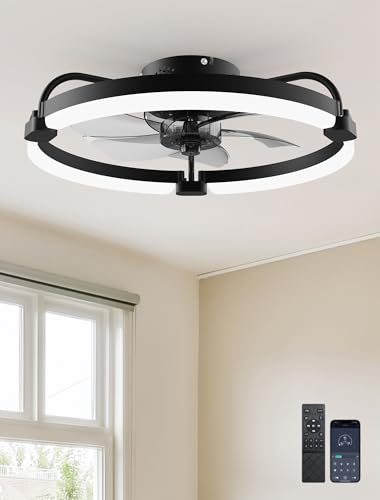 Ensenior Ceiling Fans with Lights and Remote, 20'' Low Profile Ceiling Fan Flush Mount, APP Control, 6 Speed, 3CCT, Quiet Reversible DC Motor, Dimmable Modern Ceiling Fan with Light for Bedroom, Black