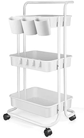 3 Tier Utility Rolling Cart - Storage Cart Organizer Cart Kitchen Cart Makeup Cart 3 Shelf Baby Tray Cart with Hanging Cups Trolley Handles and Wheels Use for Bathroom Kids Room Bedroom Office (White)