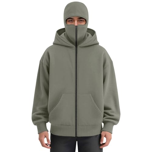 Balaclava Hoodie for Men, Masked Hoodie Double Layer Loose Fit Zip Up Fashion Hoodies Jacket for Y2K, Hip Hop, S-XXLarge