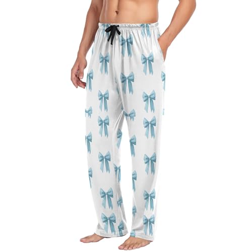 Men’s Light Blue Bows Pajama Pants with Pockets, Comfortable Lounge Sleep Bottoms#174