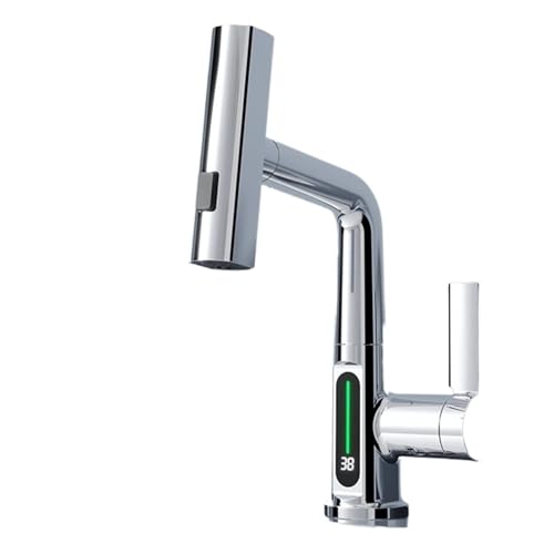 Grifo de lavabo blanco moderno estilo cascada con manguera extraíble y medidor de temperatura