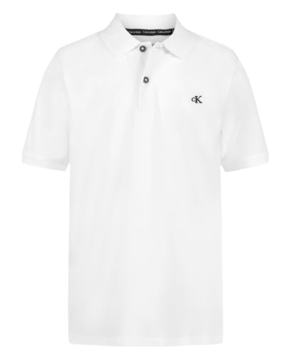 Calvin Klein Boys' Short Sleeve Micro Pique Solid Polo, Button Closure, Soft & Comfortable, White, 10-12