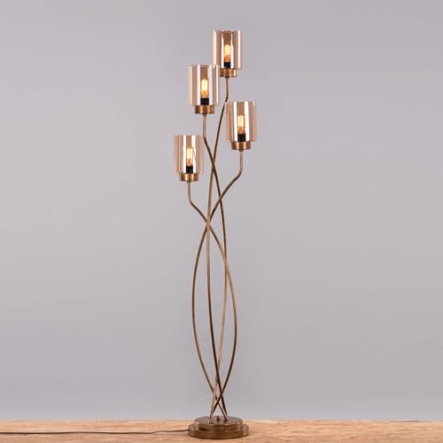 Image of Modern Floor Lamp for Living Room | Gold Standing Lamp with 4 Amber Glass Shades | 3 Color LED Floor Lamp for Bedroom, Corner Lighting & Home Decor