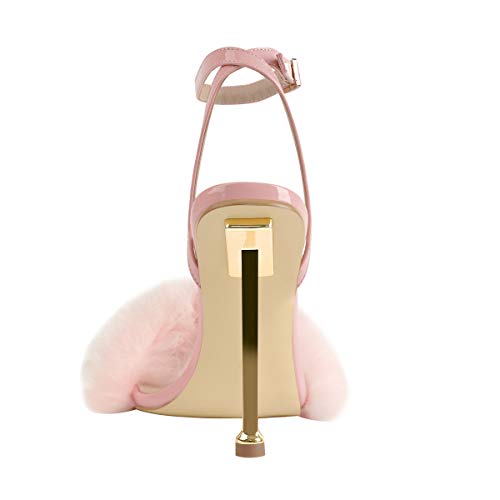 Onlymaker Women's Fashion Slim High Heel Sandals Fur Ankle Buckle Sandals Metal High Heel Sandals Shoes For Party Dress Pink Big Size 15 #TOP2