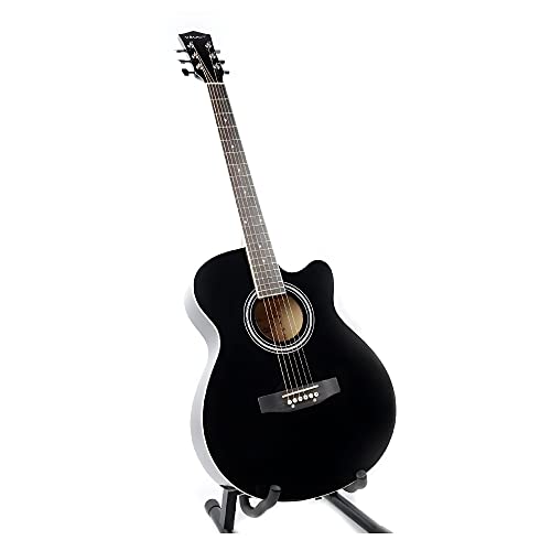 Image of VAULT EA20 Basswood Guitar Kit With Learn To Play Ebook, Bag, Strings, Straps, Picks, String Winder & Polishing Cloth - 40 Inch Cutaway Acoustic Guitar Black