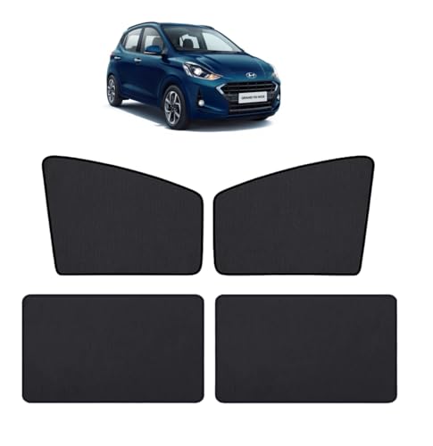 Image of Auto Hub Nylon Car Window Sunshade /Curtains Compatible with Hyundai i10 Nios (Model : 2019-Till Date) - Pack of 4, i10 Nios Sun Shade, Black