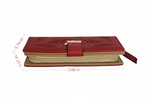 Women's long wallet, hollowed-out gold leaf pattern, double-folding zipper double-layer bag, 12 card slots, large-capacity zipper seal, 3.74 × 7.48 inches, burgundy color3