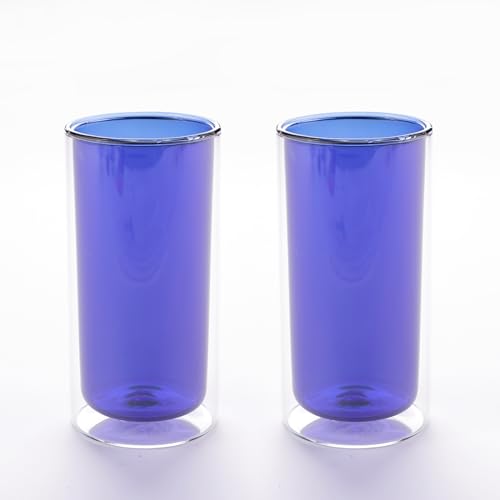 Image of The Better Home Coloured Double Wall Glass Cup (2Pcs - 250ml) | Drinking Glass | Water Glass Cup Set | Glass Tea Cups | Tea Glass | Glass for Water | Drinking Glass (Blue)