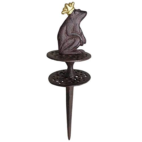 Guide de Tuyau d'Arrosage à Planter en Fonte Patinée Marron Décorée d'une Grenouille Couronnée 10x10x33cm
