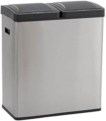 Design Trend Stainless Steel Dual Compartment Sensor Trash Can Recycler with Soft Close Lids | Two 30 Liter / 8 Gallon Bins, Silver