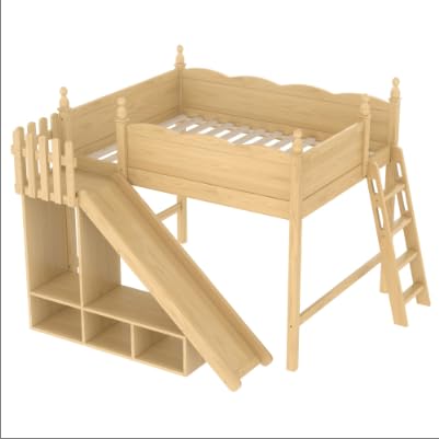Image of Full Size Loft Bed with Storage Shelves, Cabinet & Detachable Slide and Ladders, Solid Wood Kids Loft Bed for Space-Saving, Playful & Organized Bedroom (Natural2, Full)