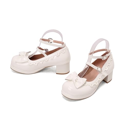Inornever Women's Round Toe Mary Jane Pumps - Chunky Low Heel Platform Shoes with Adjustable Bow Knot, Comfortable Business Casual Dress Flats for Ladies