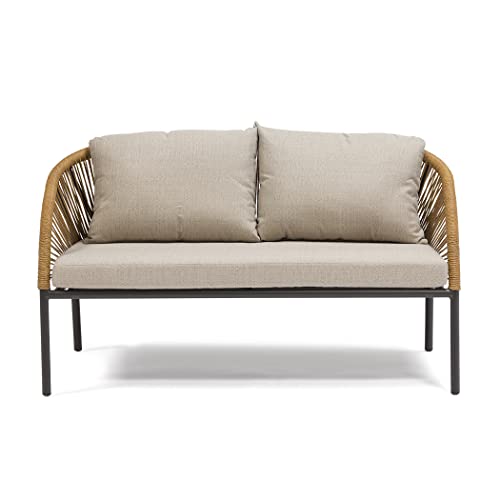 Image of DEVOKO Outdoor 4 Piece Patio Garden Rope Sectional Sofa Set with Glass Top Table All Weather Conversation Furniture for Porch, Backyard, Terrace (Beige & Grey)