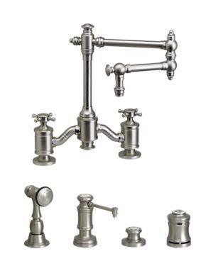 Waterstone 6150-12-4-MAB Bridge Faucet w 12 Articulated Spout Cross Handles 4pc Suite Matte Antique Brass