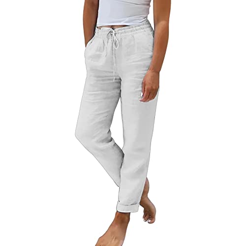 KILOXYEFRO Leggings Damen，Leinenhose Damen Leichte Sommerhose Baumwolle Leinen Hose Cargohosen Leicht Frau Jogginghose Einfarbig Elegante Wanderhose Musselin Hosen Stoffhose Freizeithose Strandhose
