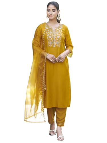 Image of Sanisa Women's Chinnon Silk & Organza Sequence and Embroidery Work Straight Kurta with Pant and Dupatta Set
