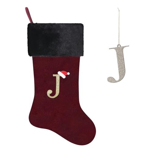 Yehnois 20 Inches Letter Embroidered Christmas Stocking,Personalized Burgundy Velvet Christmas Stocking,Holiday Season Decor and Xmas Gift?J?