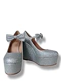 Frankie Hsu Damen Sexy Plateau-Keil-Pumps, niedliche, schöne silberne Glitzer-Schleife, hoher Absatz, große Größe, US5–19, Unisex-Schuhe für Damen und Herren, silber, 18