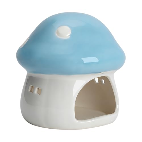 Image of Ceramic Mushroom House Betta Fish Tank Decor - Cute Aquarium Cave Hideout for Shrimp & Small Fish, Non-Toxic Safe Ornament for 5-20 Gallon Tanks (Blue)