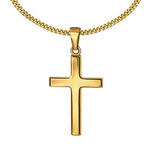 CLEVER SCHMUCK Chaîne avec pendentif croix pour enfant 15 mm simple et chaîne gourmette en argent sterling 925 plaqué or dans un étui en forme de croix