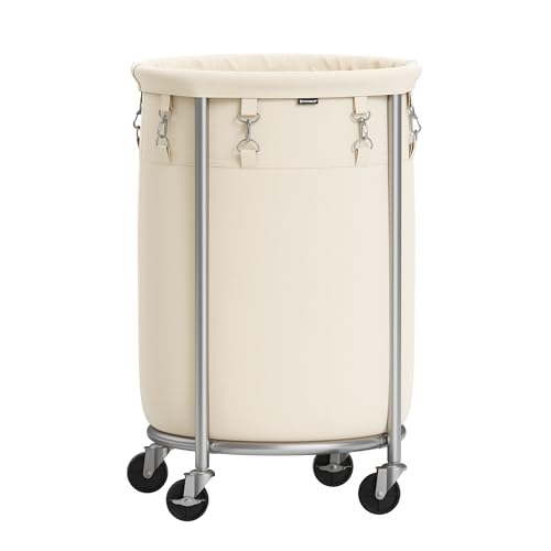 Image of SONGMICS Laundry Basket with Wheels, Rolling Laundry Hamper, 18.5 Gal., Round Laundry Cart with Steel Frame and Removable Bag, 4 Casters and 2 Brakes, Cream and Silver URLS006W01