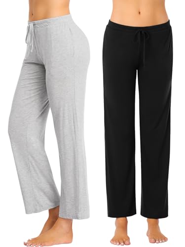 vislivin Schlafanzughose Damen Pyjamahosen Lang Freizeithose Stretch Yogahose Weiche Frauen Nachtwäsche Hosen Schwarz/Grau-1 XL