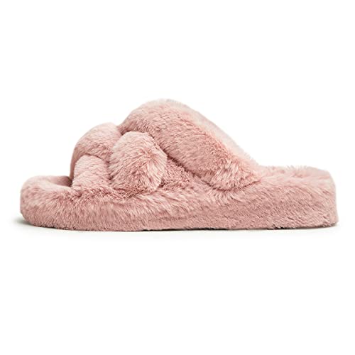 YDN Women Fuzzy Memory Foam Slippers Furry Heeled Slides Open Toe Indoor Outdoor Sandals Cross Band Slip On House Shoes Size 4-15 US4
